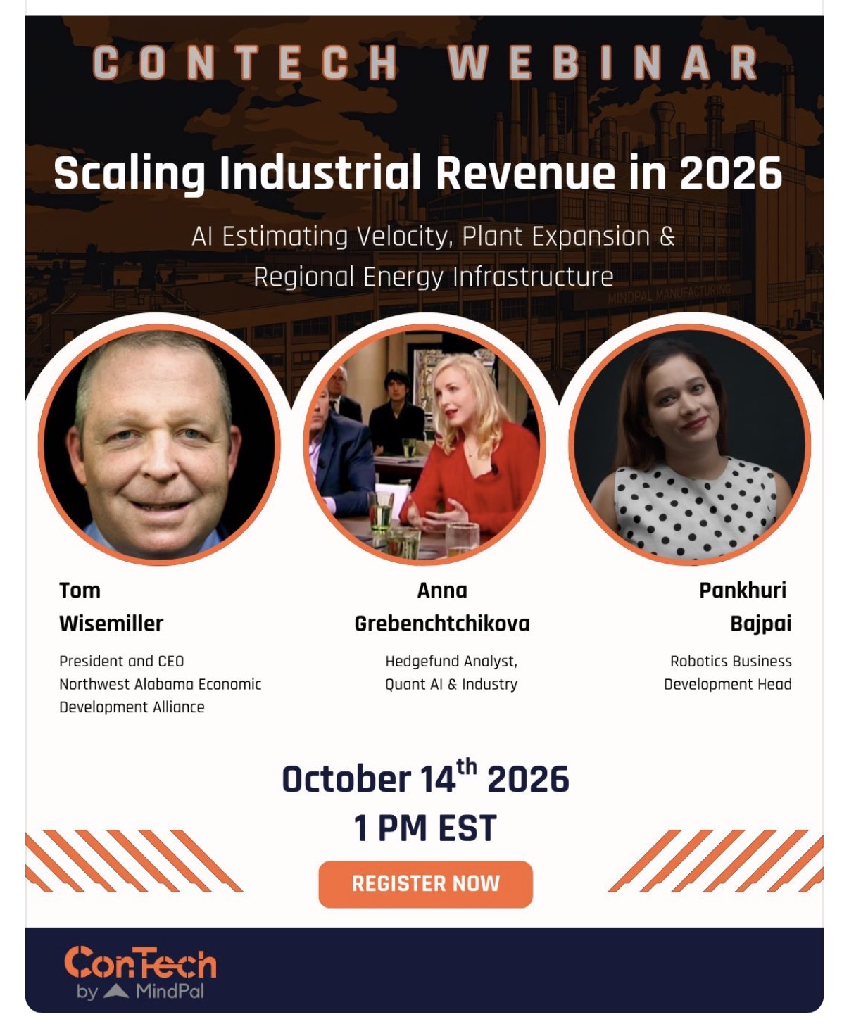 ConTech Webinar 3 artwork with Tom Wisemiller, Anna Grebenchtchikova, and Pankhuri Bajpai